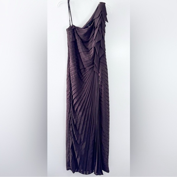 Tadashi Shoji Chocolate Brown One Shoulder Pleated Silk Evening Gown Size 8